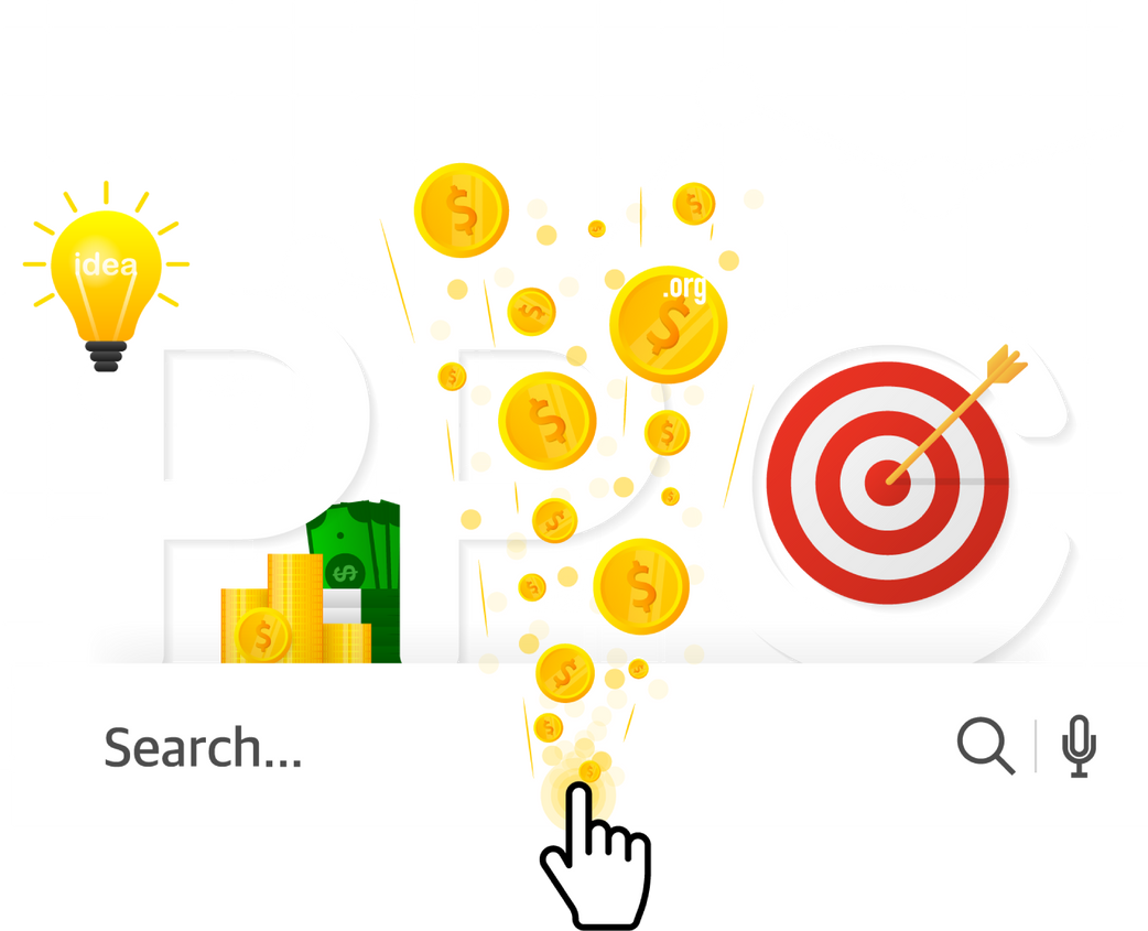 Cartoon illustration on blue backdrop. Abstract ppc for mark